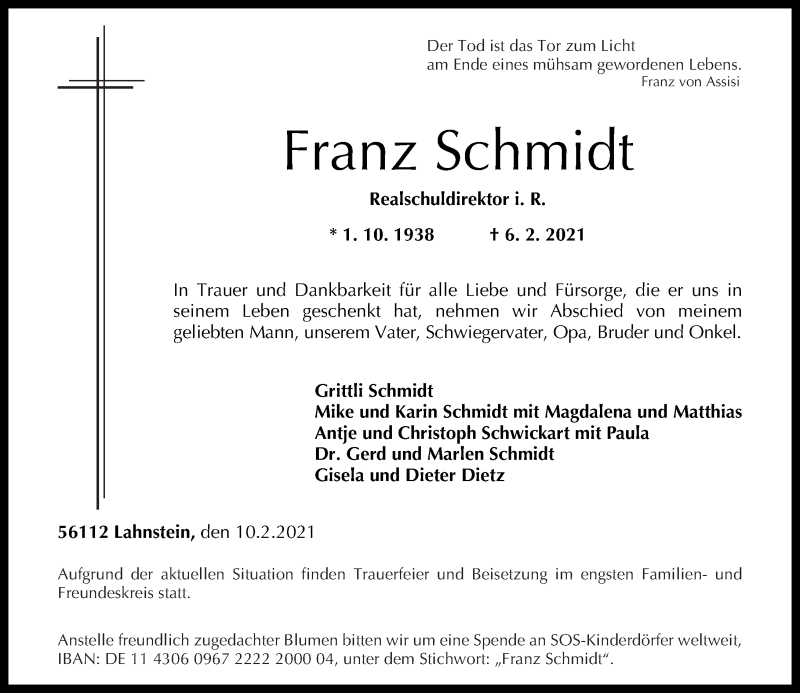 Traueranzeigen Von Franz Schmidt Rz Trauer De