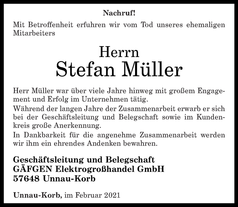 Traueranzeigen Von Stefan M Ller Rz Trauer De