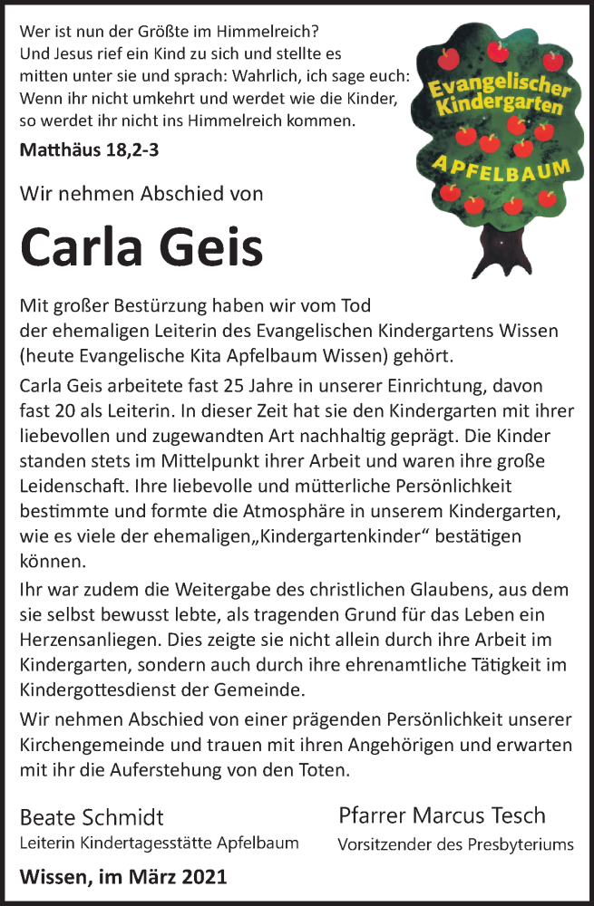 Traueranzeigen Von Carla Geis Rz Trauer De