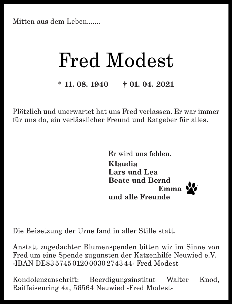 Traueranzeigen Von Fred Modest Rz Trauer De