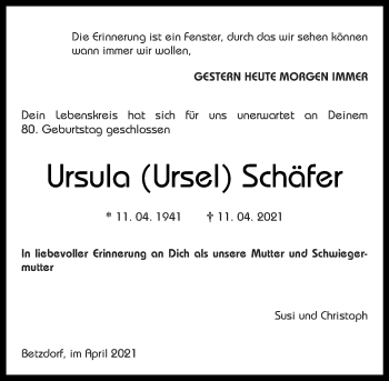 Traueranzeigen von Ursula Schäfer rz trauer de