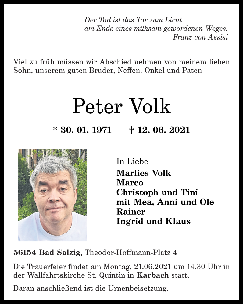 Traueranzeigen Von Peter Volk Rz Trauer De