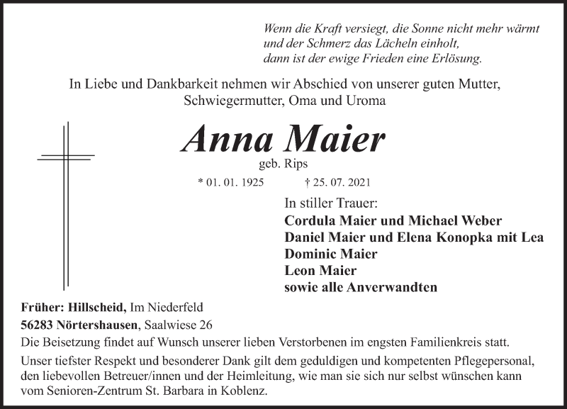 Traueranzeigen Von Anna Maier Rz Trauer De