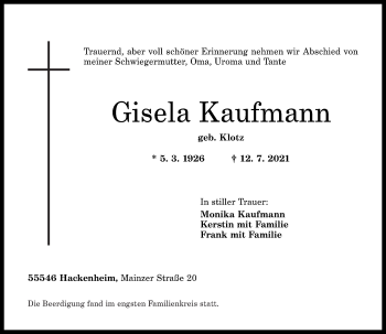 Traueranzeigen Von Gisela Kaufmann Rz Trauer De