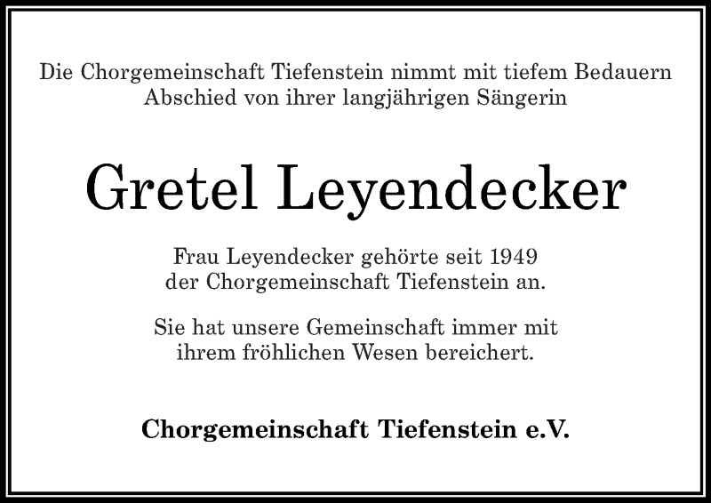 Traueranzeigen Von Gretel Leyendecker Rz Trauer De