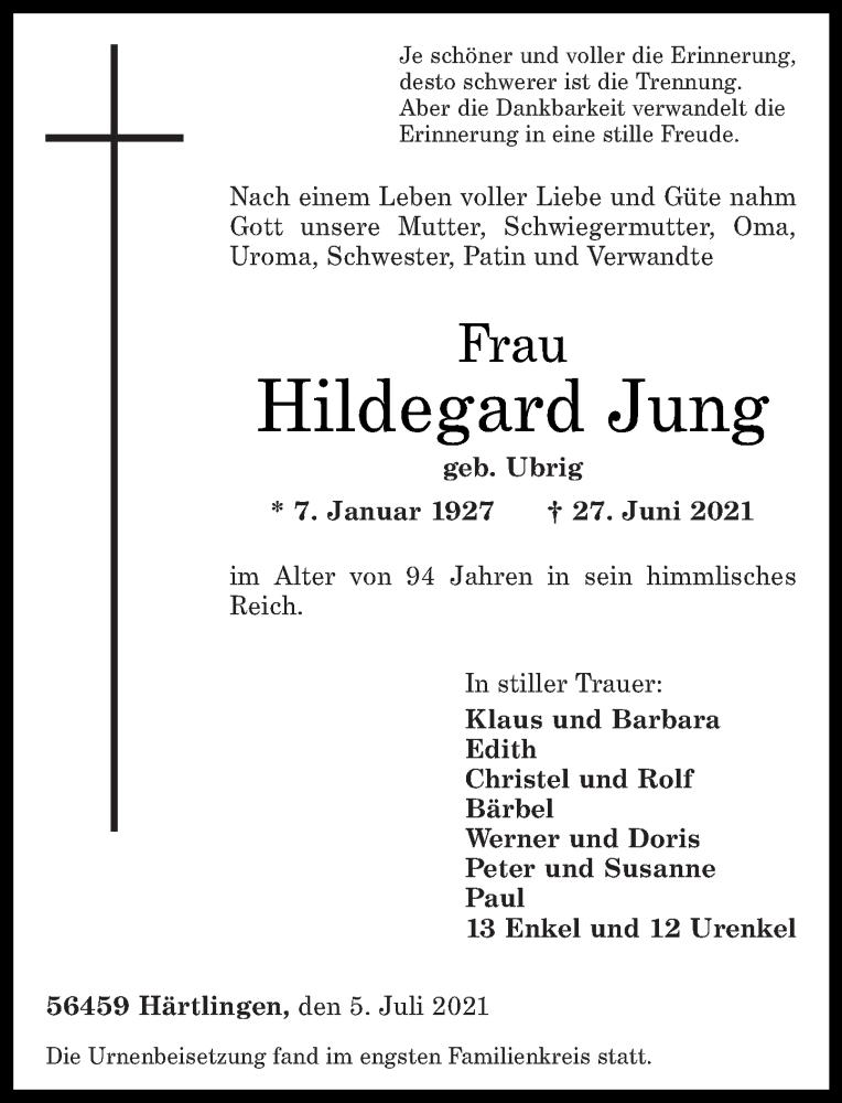 Traueranzeigen Von Hildegard Jung Rz Trauer De