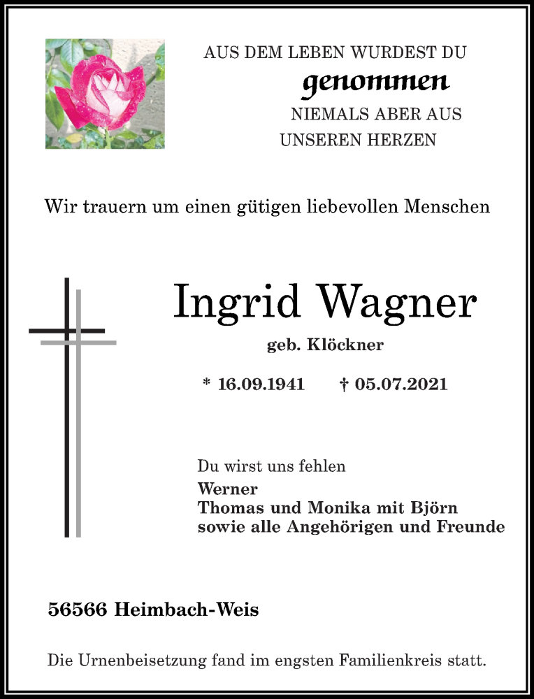 Traueranzeigen Von Ingrid Wagner Rz Trauer De