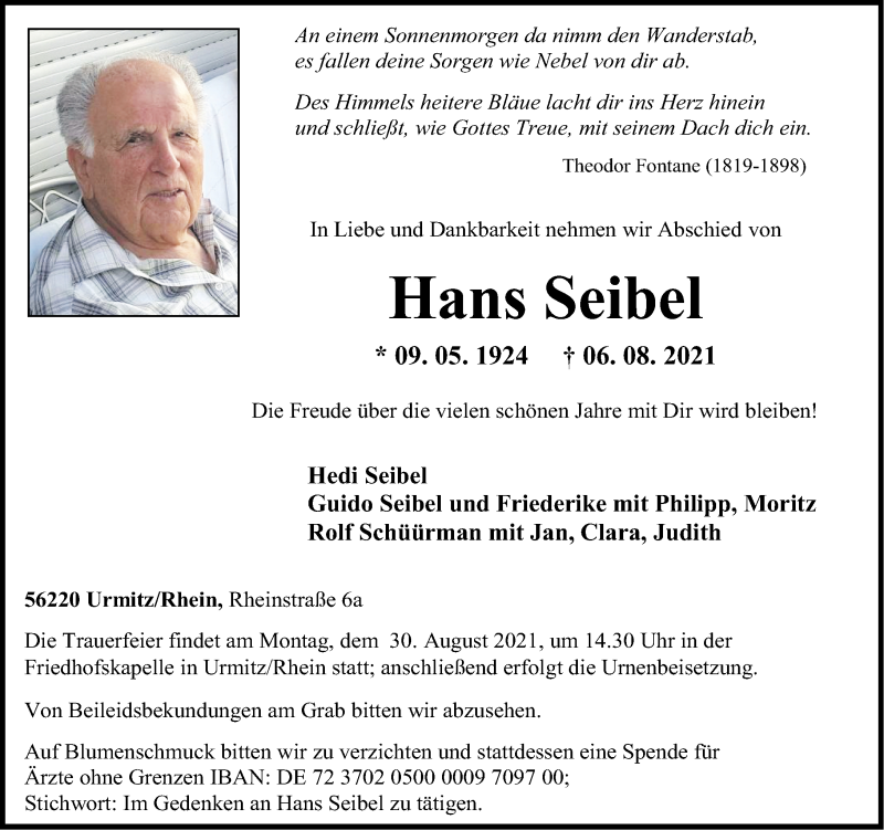 Traueranzeigen Von Hans Seibel Rz Trauer De