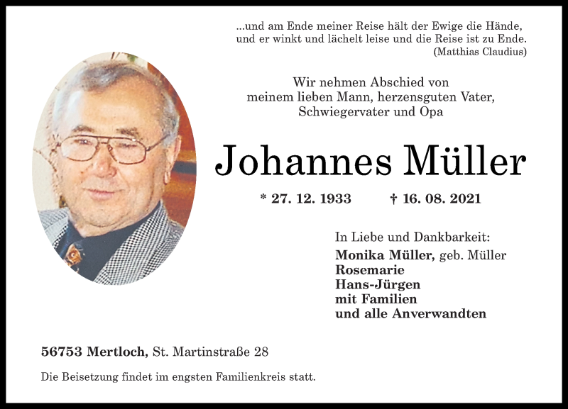 Traueranzeigen von Johannes Müller rz trauer de