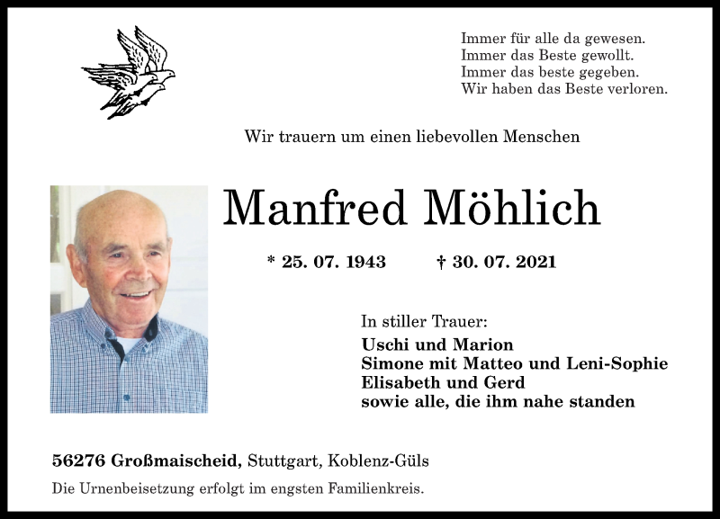 Traueranzeigen Von Manfred M Hlich Rz Trauer De