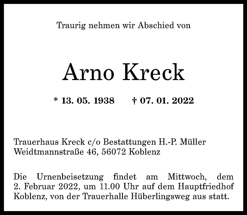 Traueranzeigen Von Arno Kreck Rz Trauer De