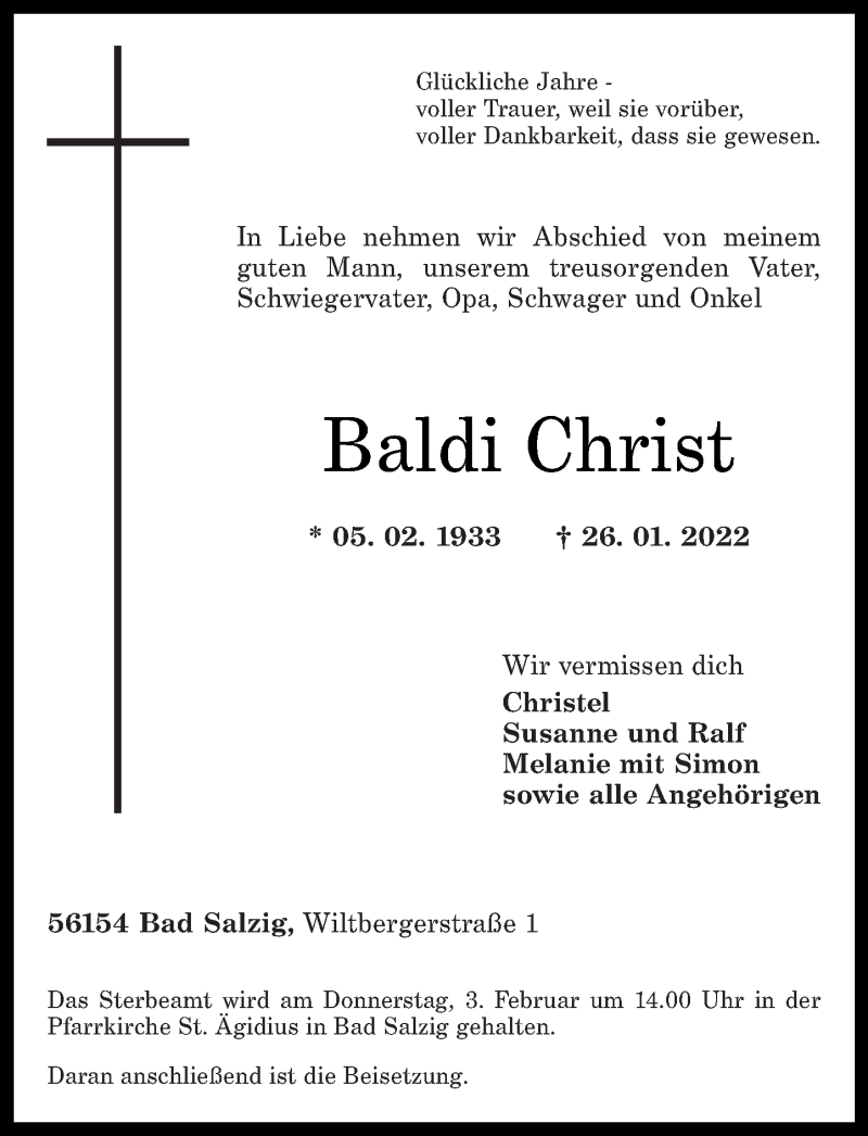 Traueranzeigen Von Baldi Christ Rz Trauer De