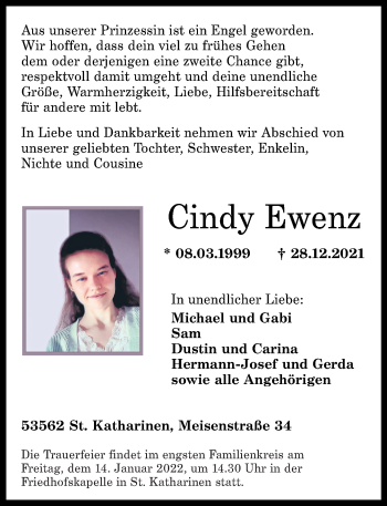 Traueranzeigen Von Cindy Ewenz Rz Trauer De