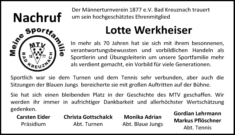 Traueranzeigen Von Lotte Werkheiser Rz Trauer De