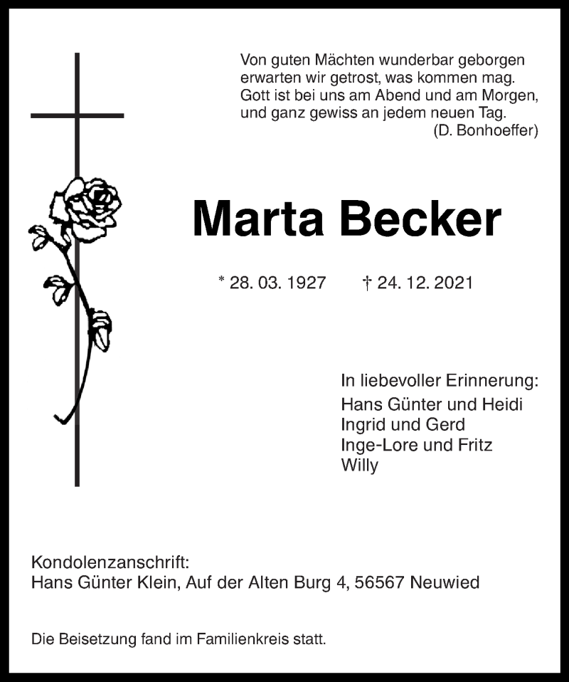 Traueranzeigen Von Marta Becker Rz Trauer De