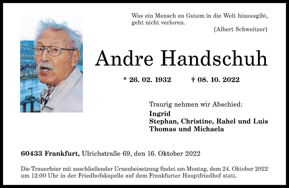 Traueranzeigen Von Andre Handschuh Rz Trauer De