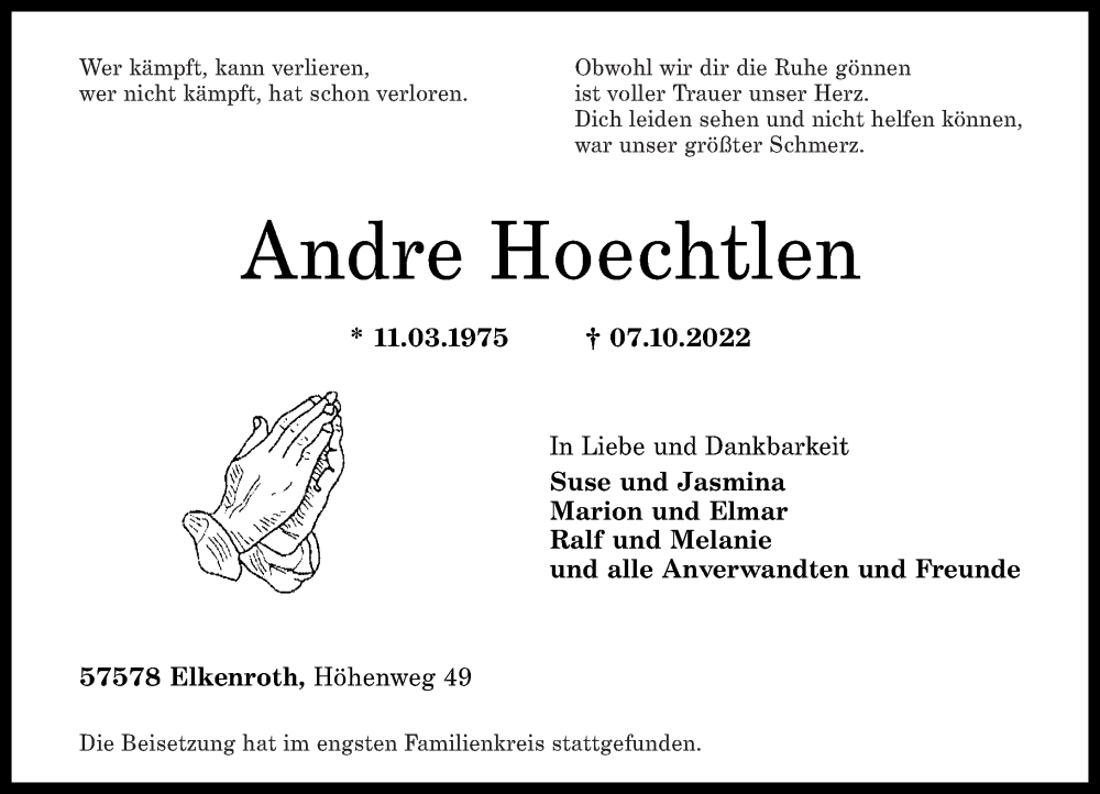 Traueranzeigen Von Andre Hoechtlen Rz Trauer De