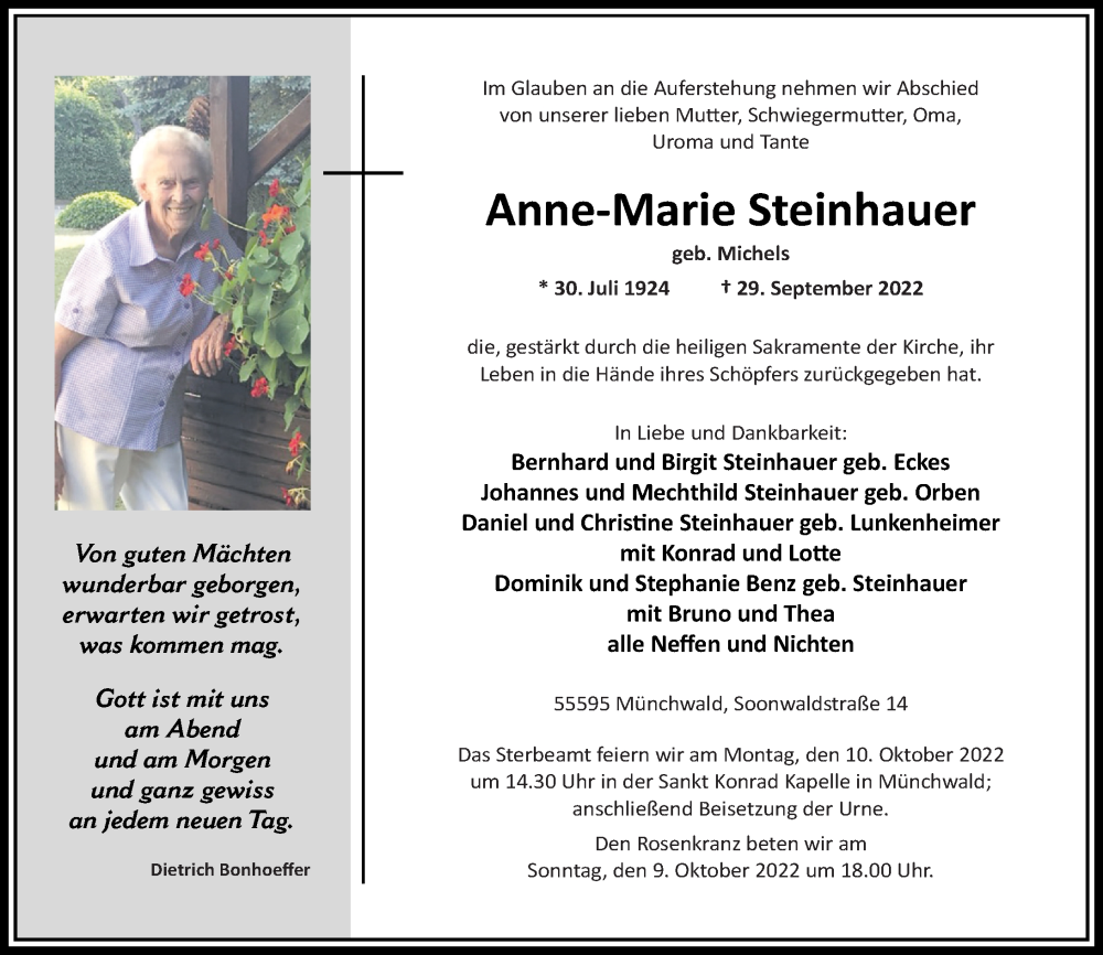 Traueranzeigen Von Anne Marie Steinhauer Rz Trauer De