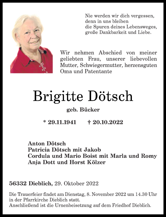 Traueranzeigen Von Brigitte D Tsch Rz Trauer De