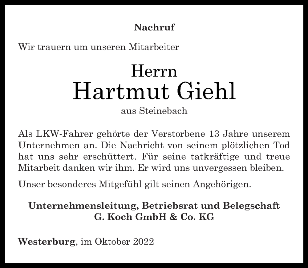 Traueranzeigen Von Hartmut Giehl Rz Trauer De