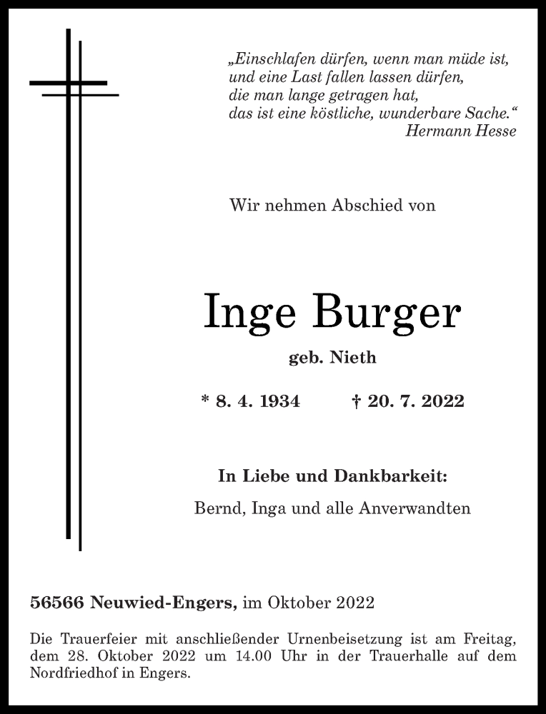 Traueranzeigen Von Inge Burger Rz Trauer De