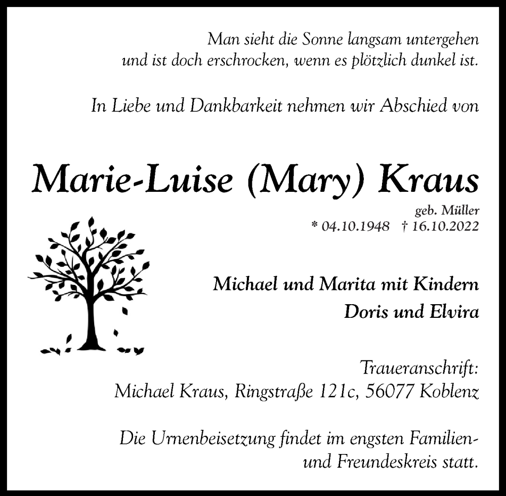 Traueranzeigen Von Marie Luise Mary Kraus Rz Trauer De