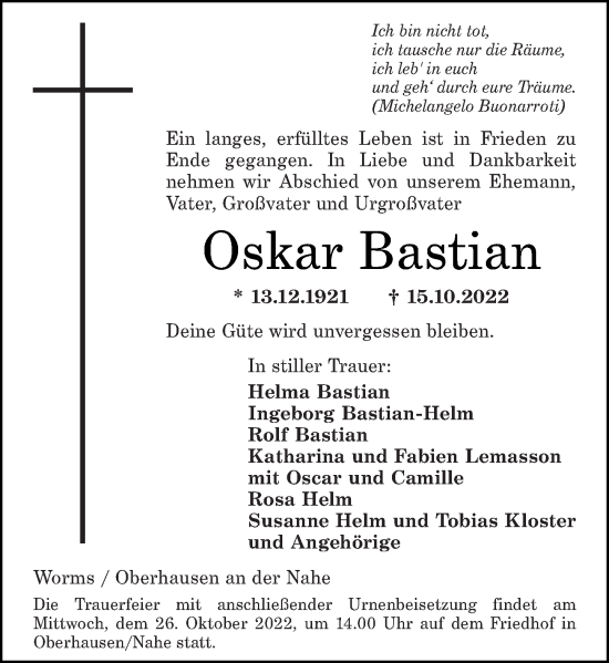 Traueranzeigen Von Oskar Bastian Rz Trauer De