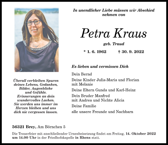 Traueranzeigen Von Petra Kraus Rz Trauer De