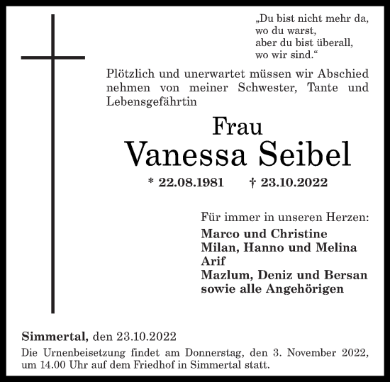 Traueranzeigen Von Vanessa Seibel Rz Trauer De