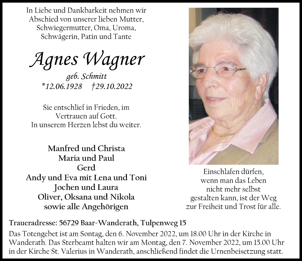 Traueranzeigen Von Agnes Wagner Rz Trauer De