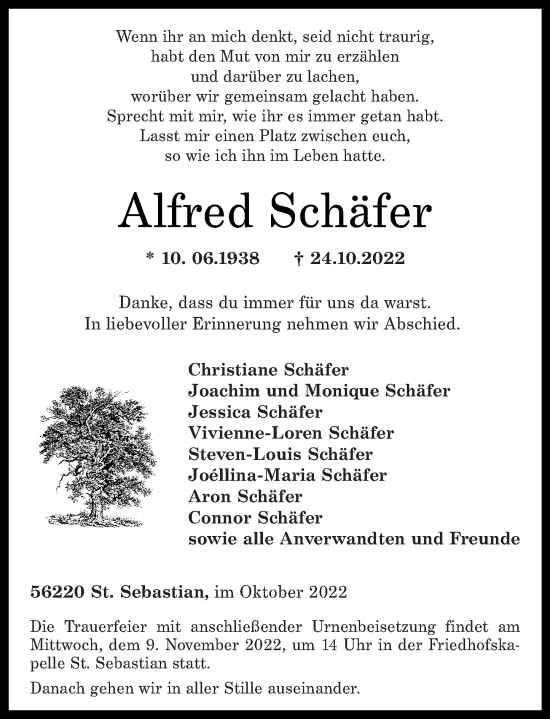 Traueranzeigen Von Alfred Sch Fer Rz Trauer De