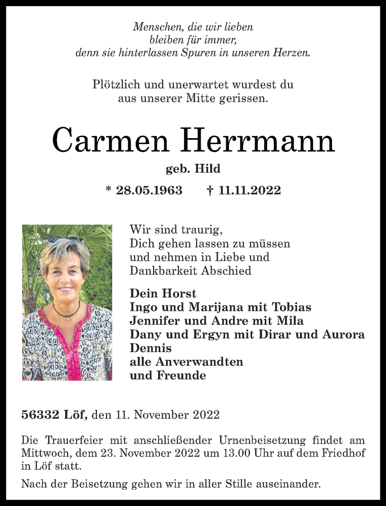 Traueranzeigen Von Carmen Herrmann Rz Trauer De