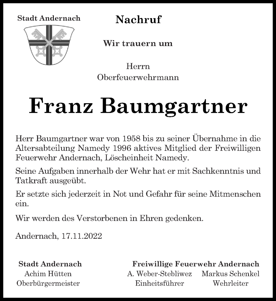 Traueranzeigen Von Franz Baumgartner Rz Trauer De