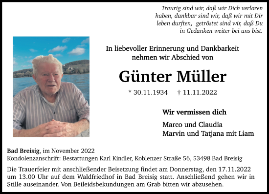 Traueranzeigen von Günter Müller rz trauer de