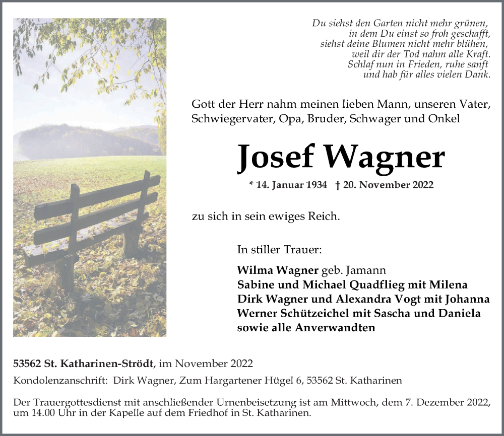 Traueranzeigen Von Josef Wagner Rz Trauer De