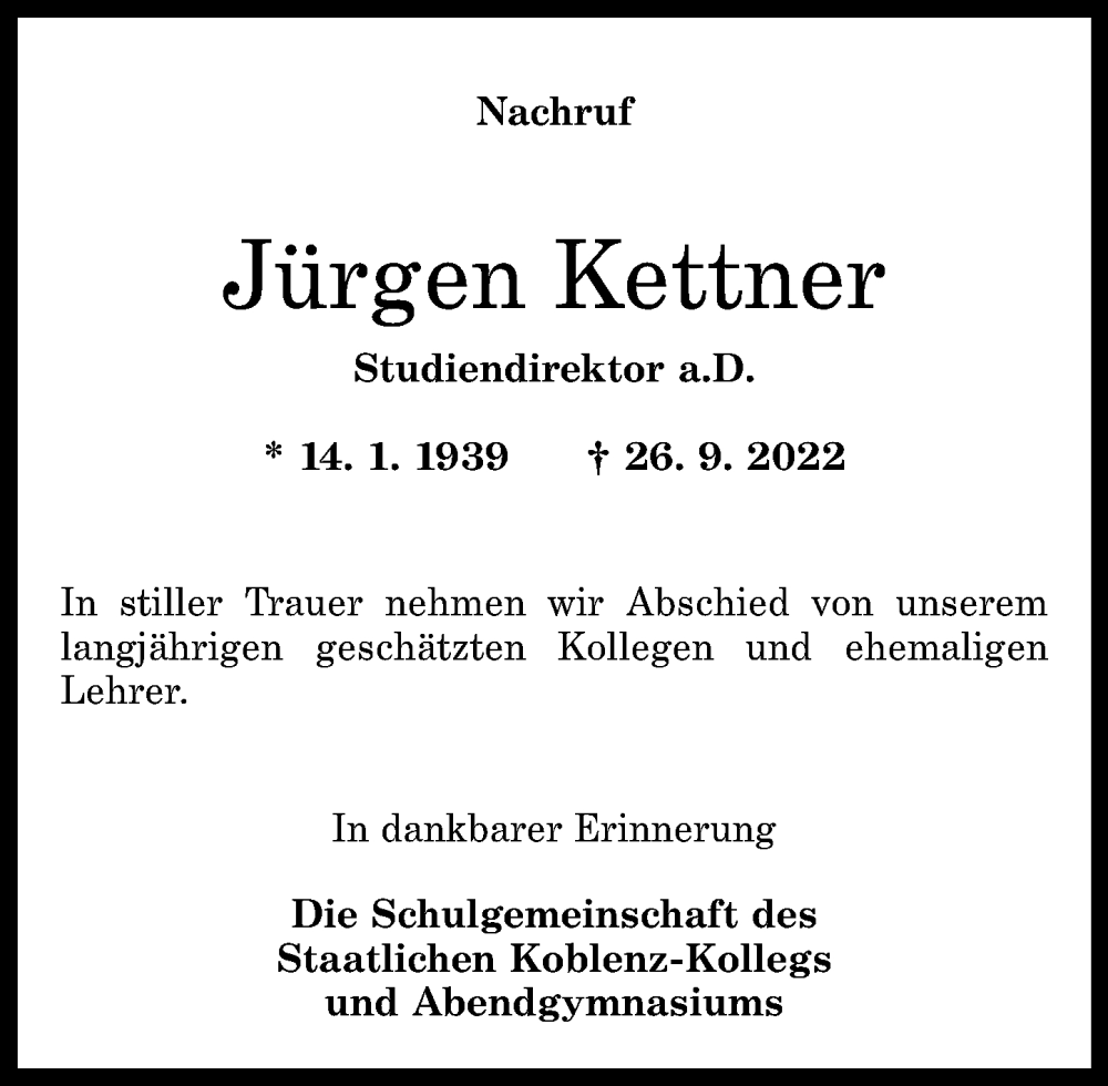 Traueranzeigen Von J Rgen Kettner Rz Trauer De