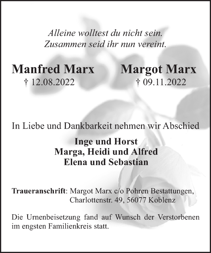 Traueranzeigen Von Margot Und Manfred Marx Rz Trauer De