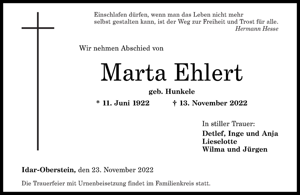 Traueranzeigen Von Marta Ehlert Rz Trauer De