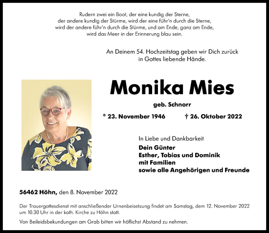 Traueranzeigen Von Monika Mies Rz Trauer De