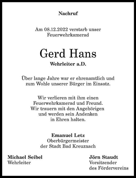 Traueranzeigen Von Gerd Hans Rz Trauer De