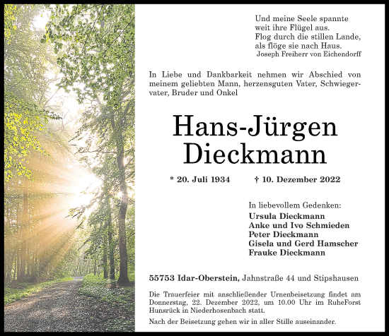 Traueranzeigen von Hans Jürgen Dieckmann rz trauer de