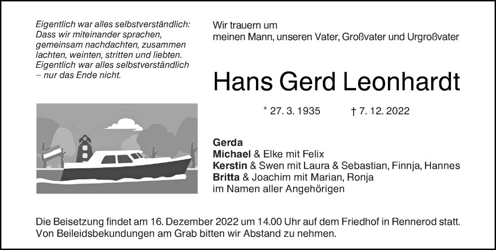 Traueranzeigen Von Hans Gerd Leonhardt Rz Trauer De