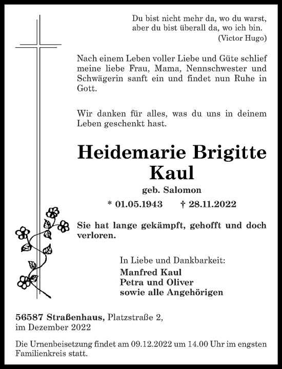 Traueranzeigen Von Heidemarie Brigitte Kaul Rz Trauer De