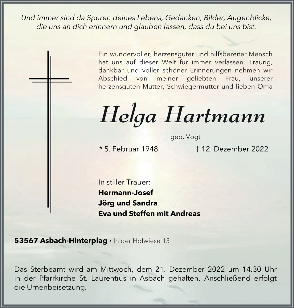 Traueranzeigen Von Helga Hartmann Rz Trauer De