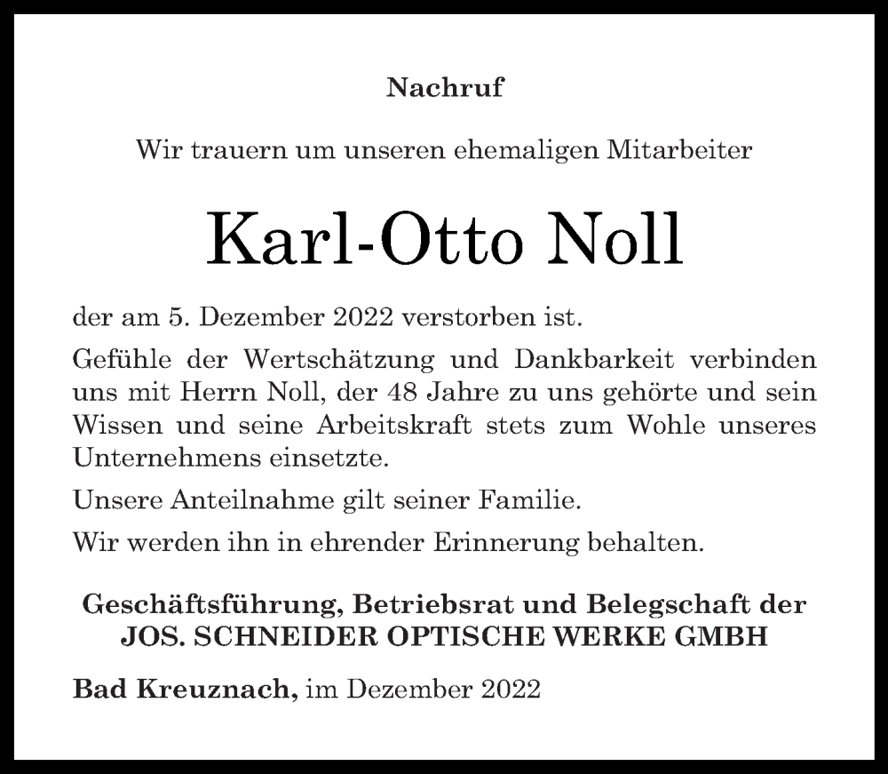 Traueranzeigen Von Karl Otto Noll Rz Trauer De