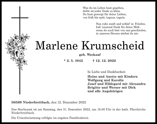 Traueranzeigen Von Marlene Krumscheid Rz Trauer De