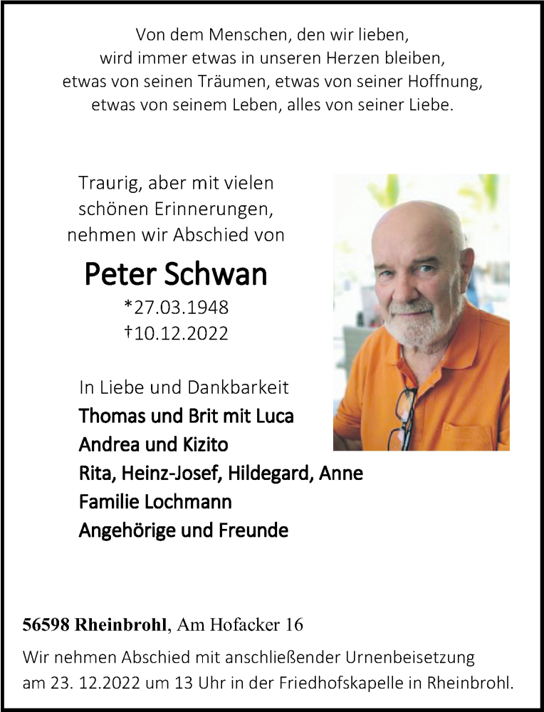 Traueranzeigen Von Peter Schwan Rz Trauer De