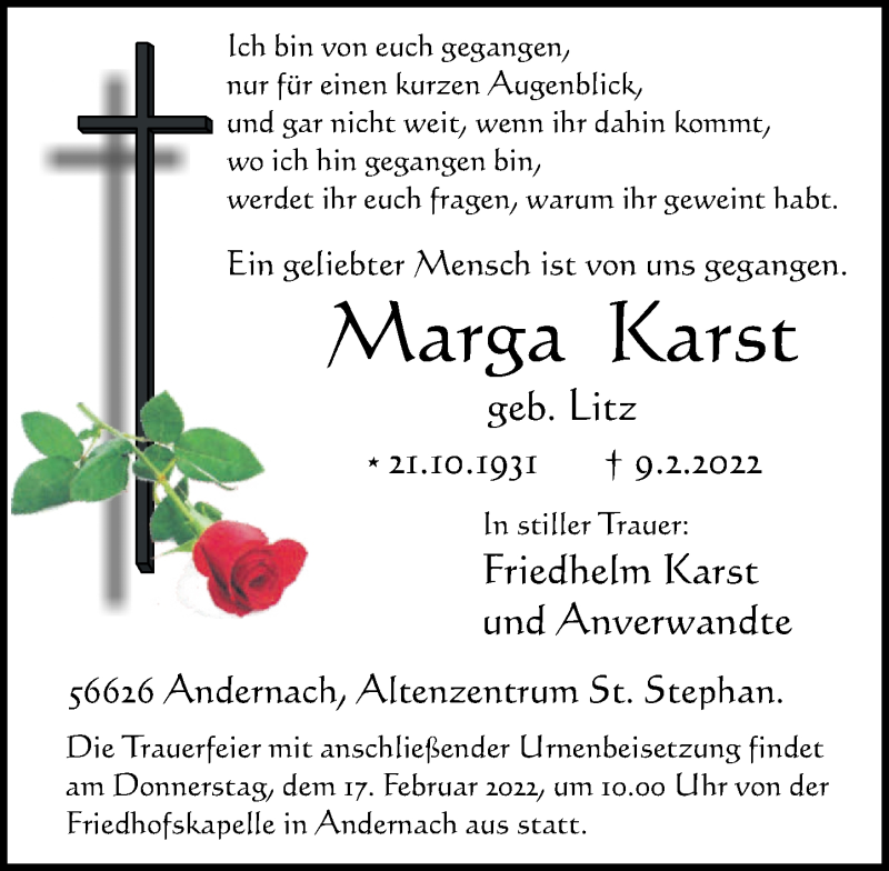 Traueranzeigen Von Marga Karst Rz Trauer De