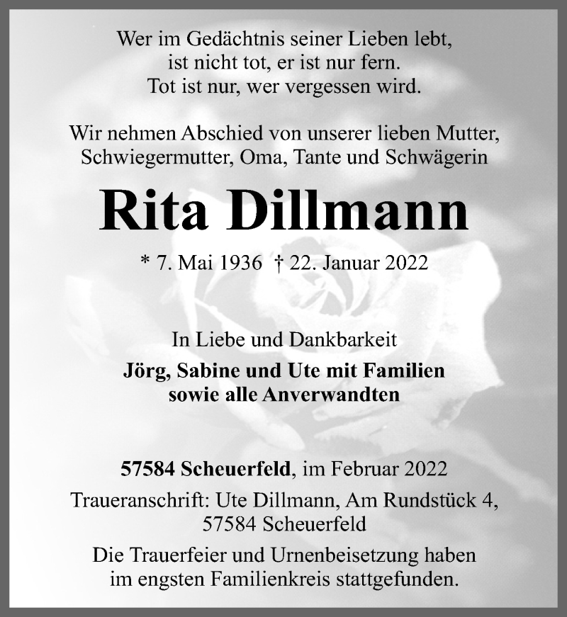 Traueranzeigen Von Rita Dillmann Rz Trauer De