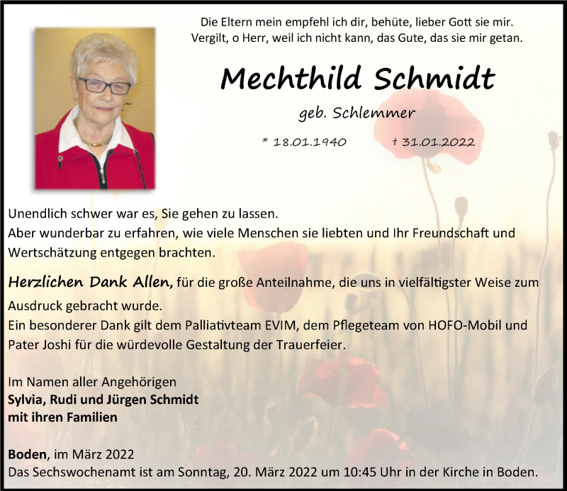 Traueranzeigen Von Mechthild Schmidt Rz Trauer De